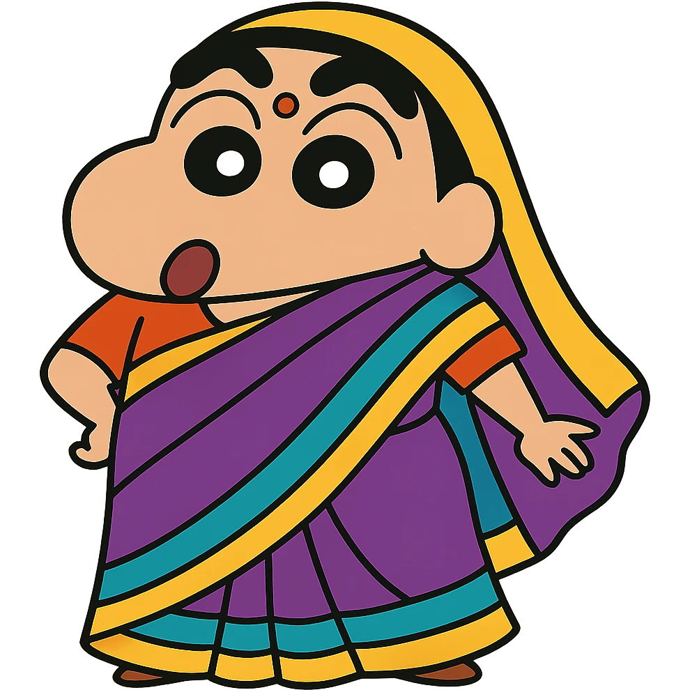 Shinchan character wearing a colorful saree, cartoon style emoji