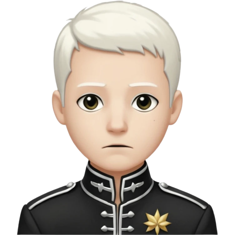 Head and shoulders emoji of a pale man with short white hair, wearing a black marching band jacket with silver trim. black eyeliner. Expression stoic, commanding, and theatrical, heroic emo style emoji