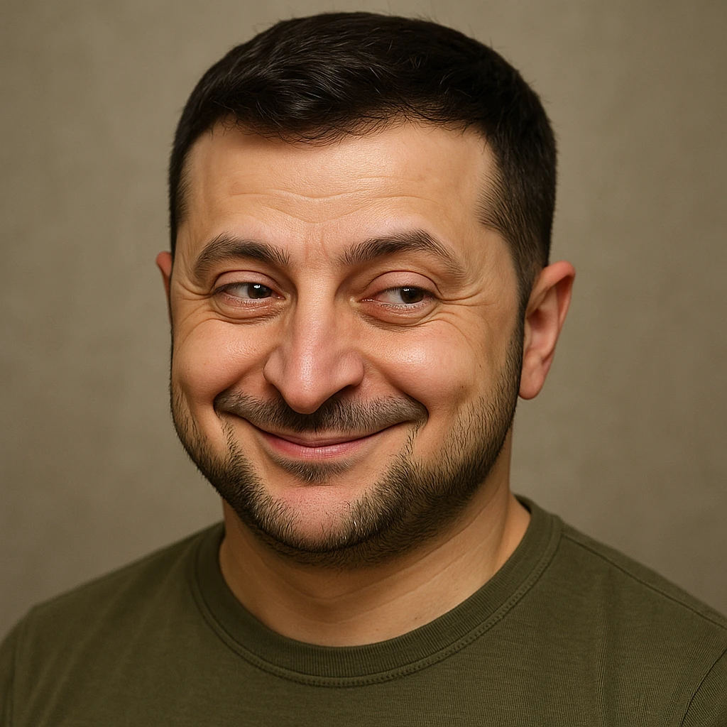 Vladimir Zelensky, photorealistic, emoji style, sly smirk, mischievous eyes emoji