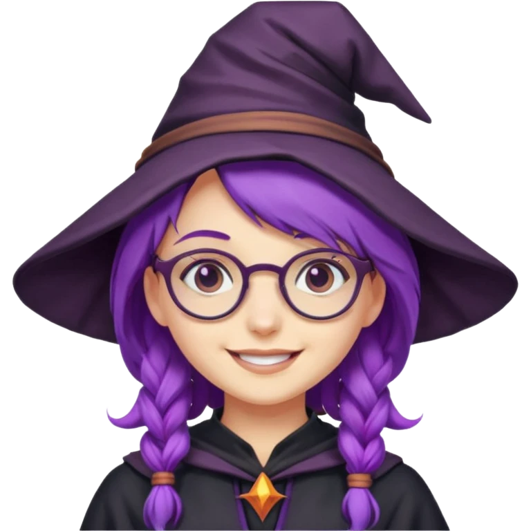 smiling purple haired girl wearing glasses and a witch outfit emoji