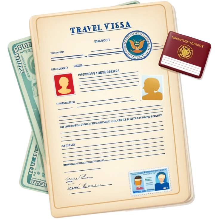 Travel visa document with stamps and passport emoji
