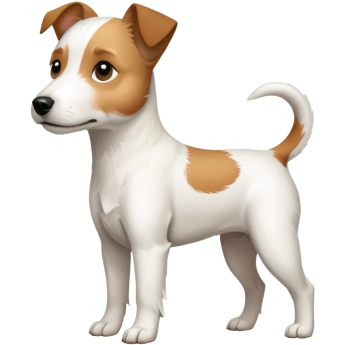 a full body slightly chubby white parson russell terrier looking dog the size of a kelpie with light brown long ears and a light brown patch on one eye and a large snout. the rest of the dog is completely white emoji