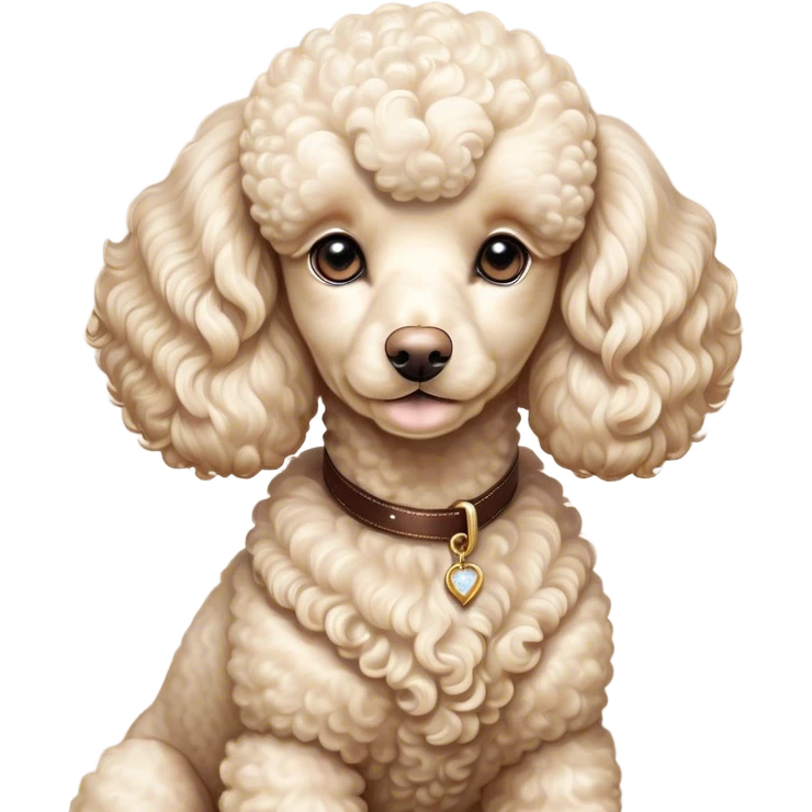 Cinematic Noble Cream Poodle Portrait Emoji, Poised and regal, with a refined, elegant build and a meticulously groomed, curly cream Fur, deep-set soulful warm eyes, Simplified yet sharp and sophisticated features, highly detailed, glowing with a soft, dignified glow, high shine, intelligent and graceful, stylized with an air of sophistication, focused and attentive, soft glowing outline, capturing the essence of a watchful and confident companion, so majestic it feels as though it could prance out of the screen with effortless authority! emoji