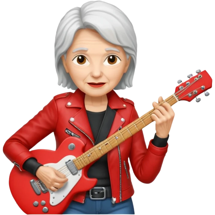 guitar rock player, elder woman head, red jacket emoji