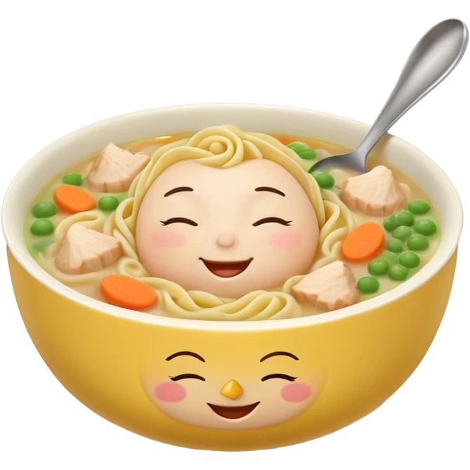 round ceramic bowl in soft yellow filled with chicken noodle soup with spiraled noodles chicken pieces carrots peas bowl with cute content face closed eyes gentle smile rosy cheeks relaxed expression steam rises heart shapes spoon rests inside soft glow surrounds bowl emoji