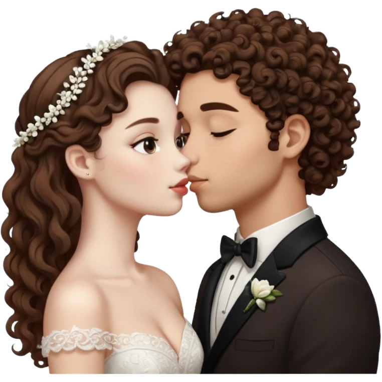 A couple kissing, the man would be white-skinned, mid fade-curly, brown-hair. The serious woman with white skin, long hair and brown color emoji