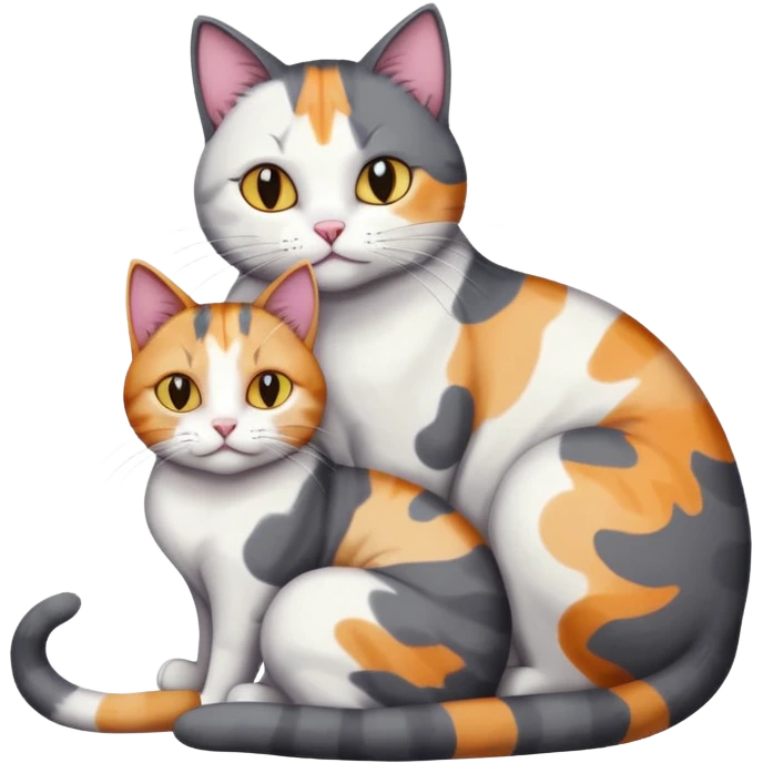 full body large dark grey and white cat cuddling a colourful light patched calico + white tabby cat  emoji