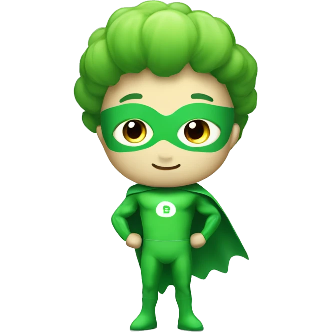 kawaii cute funny mini superhero with green clothes and a broccolis as hair,  full body saying hello emoji