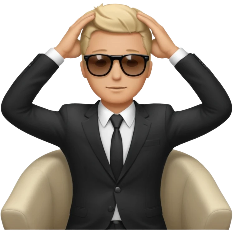 white man in formal suit wearing sunglasses resting with hands behind head emoji