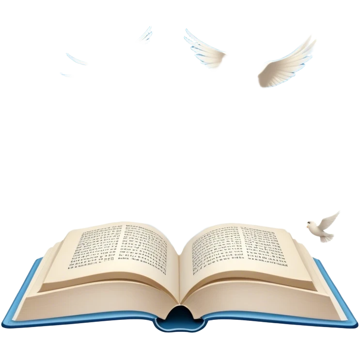 Icon for Poetry Reading: an open book with verses on the pages, from which fly pages transforming into a large flock of small white birds soaring into the blue sky. The icon should evoke the freedom and beauty of poetry. Transparent background. emoji