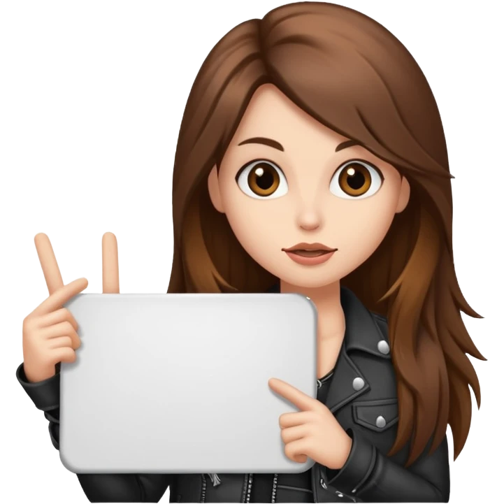 A fair skin rocker chick with long brown hair holding a large blank sign emoji
