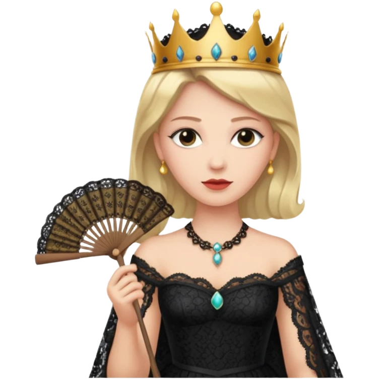 A stern queen with dark lace dress, holding a fan and observing with authority.
 emoji