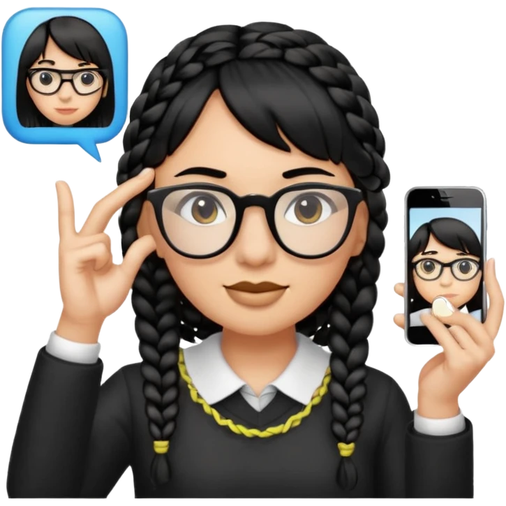 Black hair is braided to the left, bangs, horn-rimmed glasses, and only the eyes of the emoji taking a mirror selfie with iPhone white are visible, and the nose is covered with the iPhone emoji