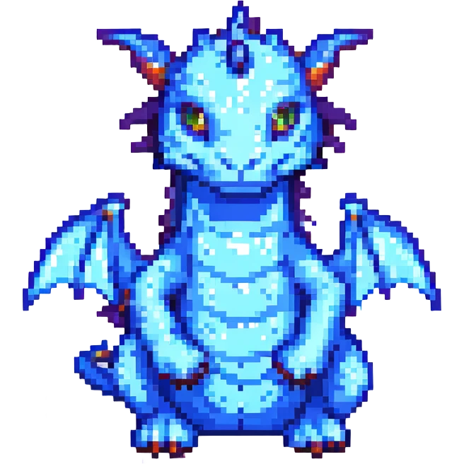 pixel art dragon with tiny wings, blue and playful emoji