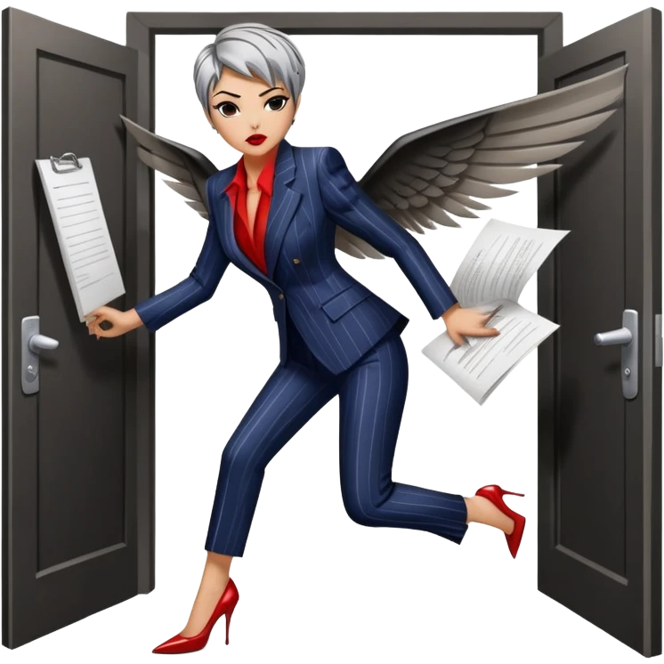 Gender: Female Hair: Silver-streaked black pixie cut Face: Sharp winged eyeliner, blood-red lipstick Clothes: Pinstripe pantsuit with stiletto heels Action: Storming through doors with document tornado trailing emoji