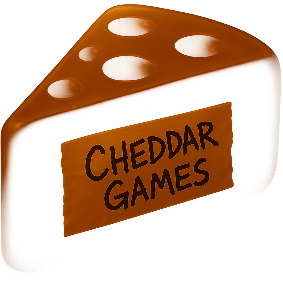 Make the cheese wedge darker while keeping it translucent and glowing. Add a piece of tape centered on the side with the text 'Cheddar Games' in messy Sharpie handwriting. Do not make it a sticker or change the cheese style. No background. emoji