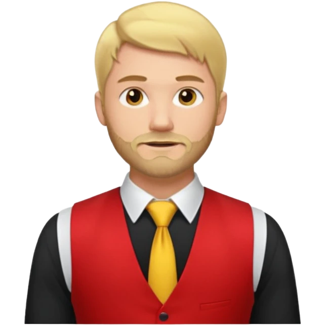 A blond man wearing a black dress shirt, red tights, and a yellow tie. A red vest over his black shirt. A blond man with dark blond hair and a short beard. His outfit consists of a black shirt, a red vest over it, and a yellow tie. emoji