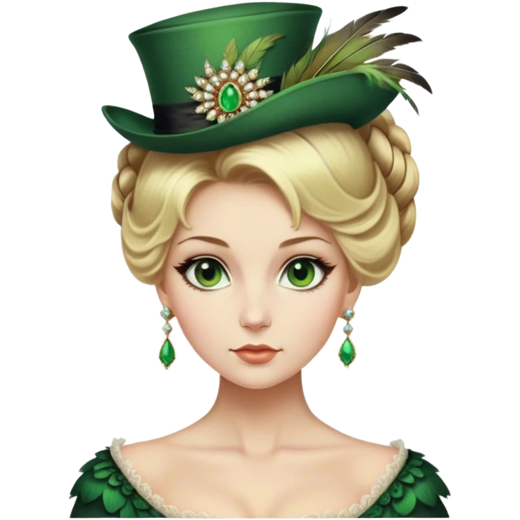 lady with Pale complexion, sharp features, high cheekbones, Blonde hair, green eyes accessorized with a feathered small hat, Regency-era elaborate updo emoji