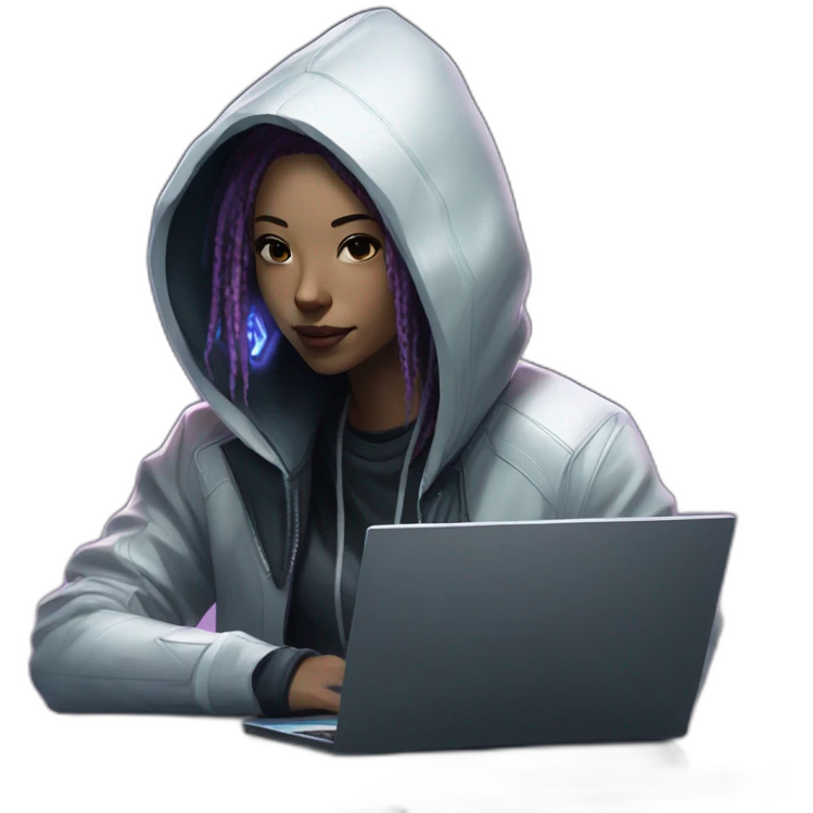 netrunner from cyberpunk with laptop in back hoodie and white skin emoji