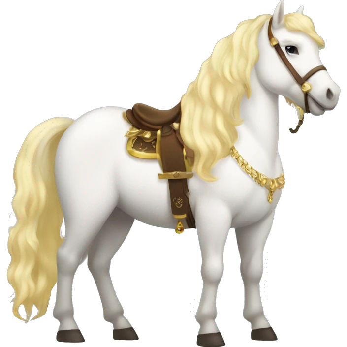 Fatty white pony with blonde hair. It needs to be a complete pony, with a gold crown and lots of jewelry. It needs to have a red and gold saddle emoji