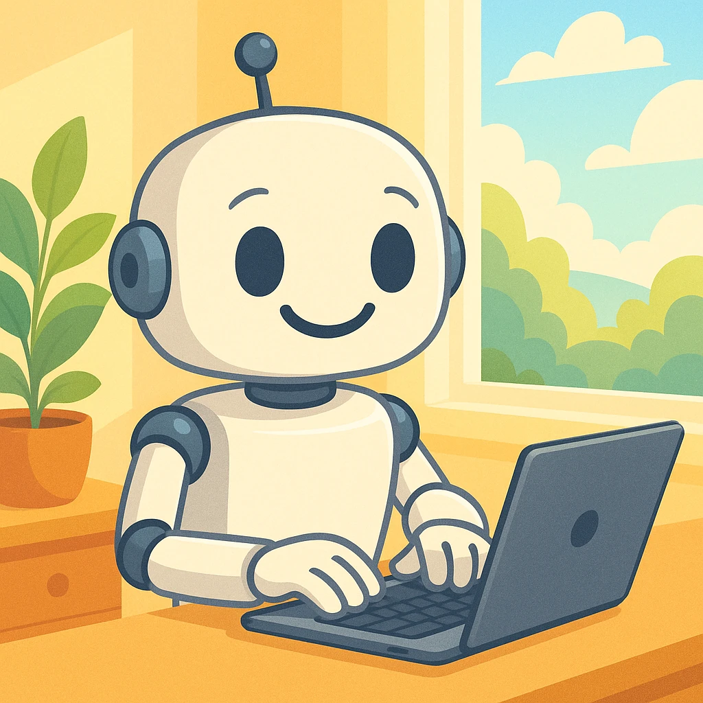 a robot typing on a laptop, friendly, for a writing assistant emoji