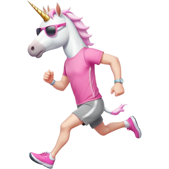 friendly anthropomorphised male white unicorn in grey shorts and pink t-shirt, wearing dark sunglasses, jogging upright in a relaxed pose emoji