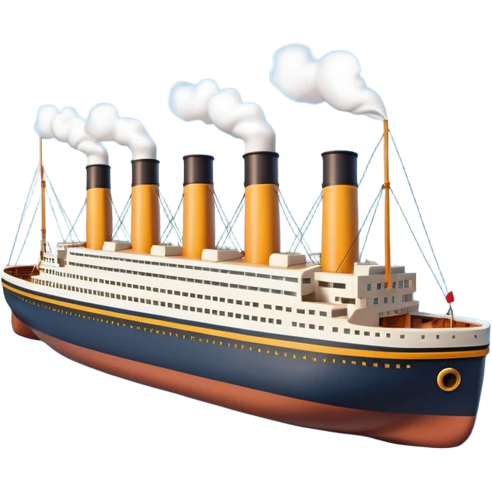 A miniature 3D Titanic ship emoji in Apple style, small and compact with smooth glossy surface, bright clean colors, simplified but recognizable details like smokestacks and windows, no facial features, floating on calm ocean, soft shadows, high-quality render, isolated on white background.



 emoji