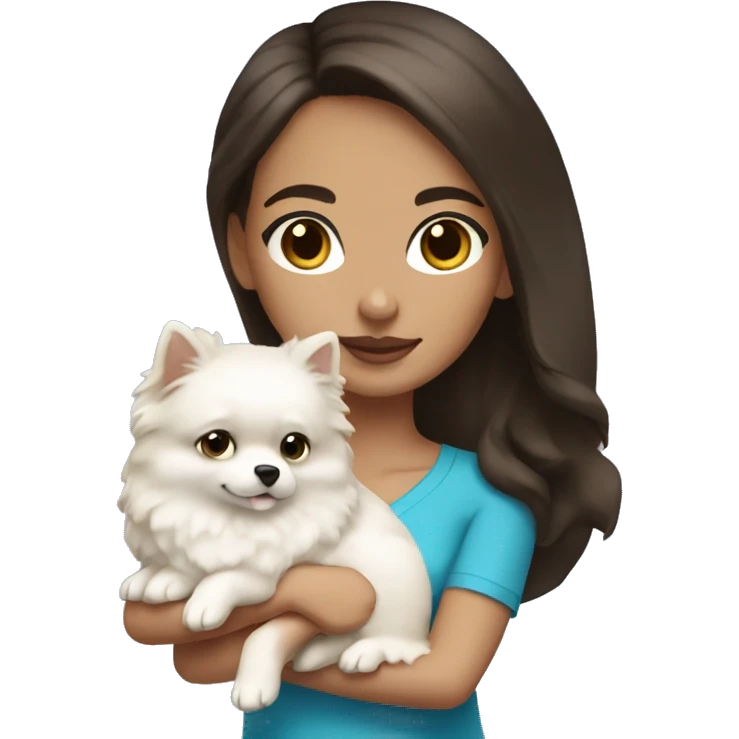 Brunette girl with light skin and Blue eyes holding a white pomeranian  emoji
