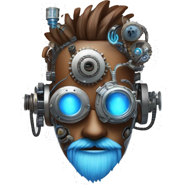Brown cyborg head with blue Mohawk, blue beard, silver steampunk monocle goggles a smile and circuits emoji