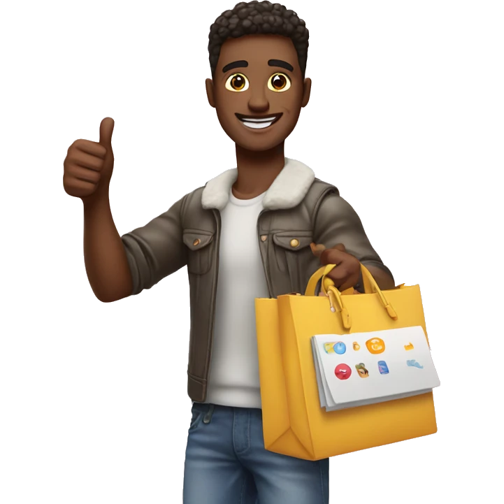 influencer man promoting a bright purchase in her arms and thumb up emoji