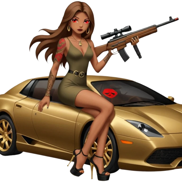 Lilith tan skinfemale red eyes symbol. Tattoo arms. Her hair is brown straight long hair.wearing sexy long sexy dress with slit. black stiletto thick platform high heels shoes on. Sitting on gold giant luxury car with cash inside . She is holding a sniper rifle in one hand cash in other hand emoji