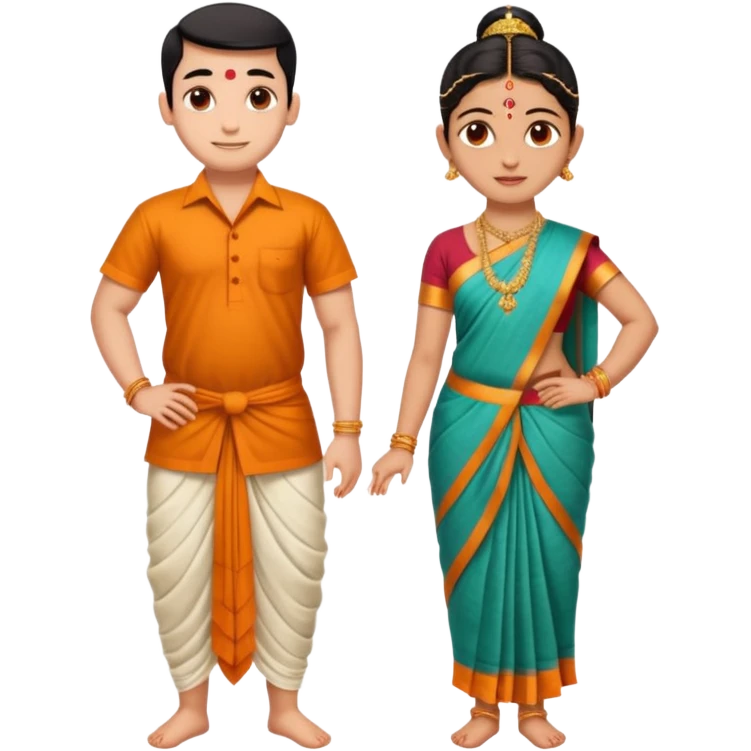 31 years young and small Brahmin boy with traditional formal cotton shirt and cotton lungi is pleasent peaceful thankful to 18 years young and fat and tall Brahmin girl with the complete decoration of bharatanatyam as godess lakshmi devi. emoji