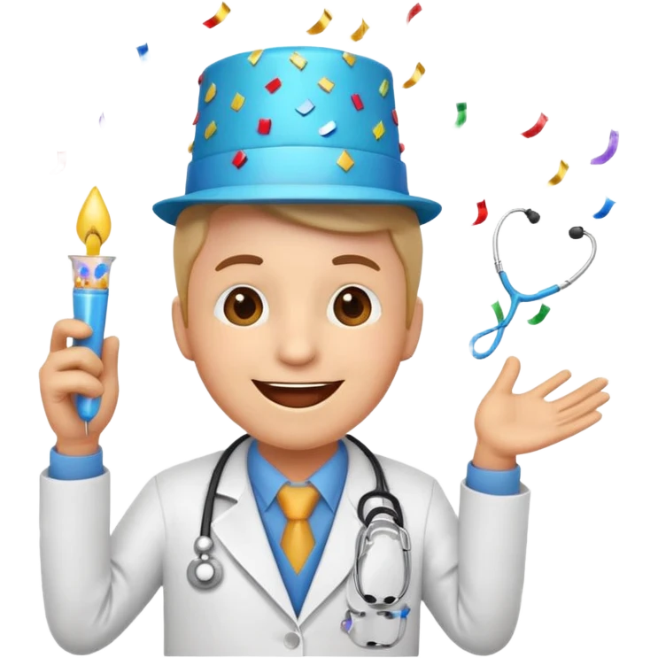 cheerful birthday emoji featuring a doctor with a stethoscope, party hat, and confetti, smiling and celebrating emoji