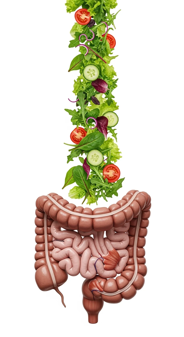 INSALATA CADE VERTICALMENTE SU UN INTESTINO ANATOMICO REALISTICO, iperrealistico 4k, ISOLATA SU SFONDO BIANCO emoji
