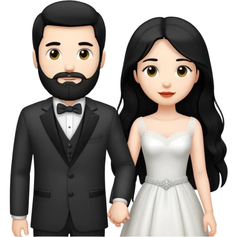 couple of newlyweds holding hands, white skin man with black hair and beard; white skin woman with long black hair and black eyes emoji
