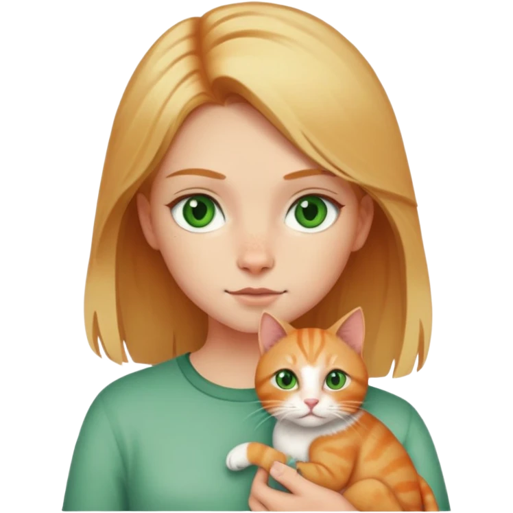 Draw a girl with medium-length blond hair, green eyes, she has a scar on one eyebrow, and she is holding a ginger cat in her hands. emoji