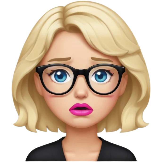 Blonde woman with short wavy hair, blue eyes and pink lips wearing black glasses crying  emoji