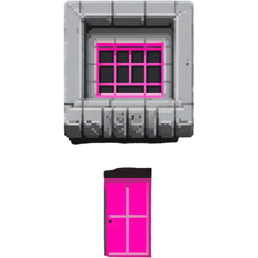 Brutalist gray concrete block building with one neon pink window emoji
