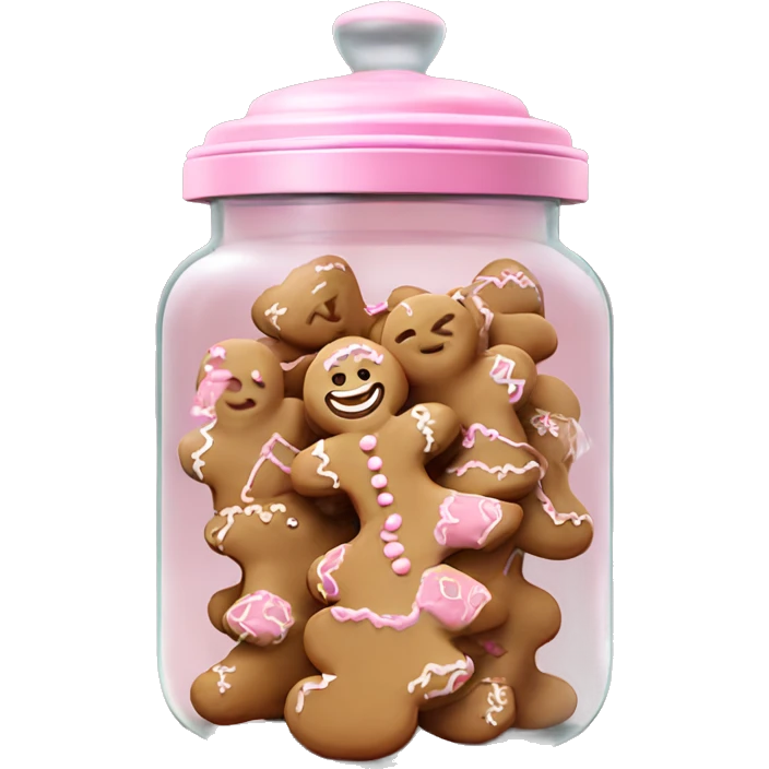 Realistic glass cookie jar with light pink lid full of gingerbread cookies isolated.  emoji