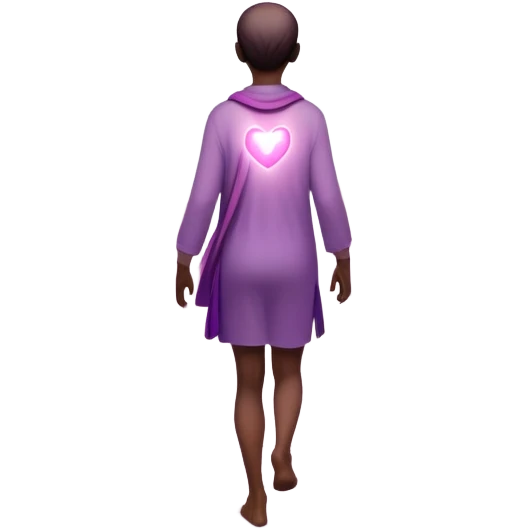 A small figure walks back across a foggy bridge, holding soft pink and purple orbs in each hand—symbolizing compassion and forgiveness. A gentle heart aura trails behind them, showing healing in motion. emoji
