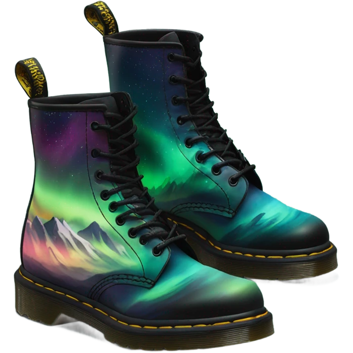 Realistic isolated pair of black Dr.Martens Jaddon Platform Boots with a Northern Lights Mountain Scene Painted on them.  emoji