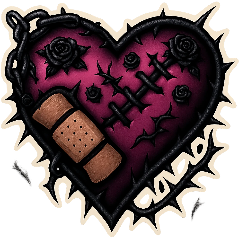 Add more gothic details including chains, thorns, and tiny black roses. Keep the black and pink gothic heart with stitches and bandages. Maintain the retro stickers style with no background. emoji