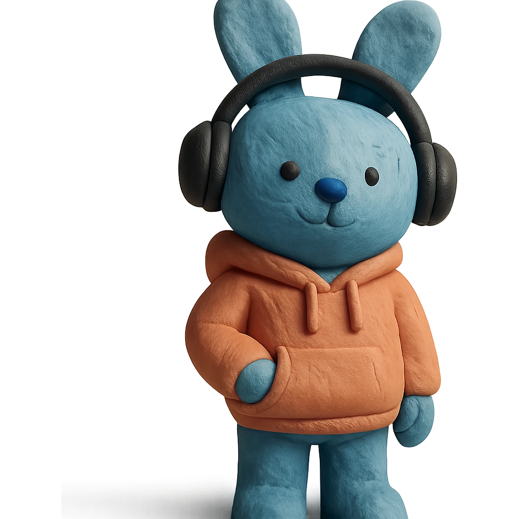 blue bunny in hoodie, one paw in pocket, headphones on, claymation style emoji