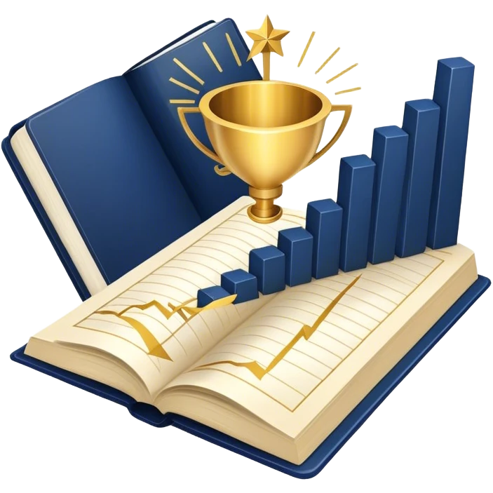 A navy blue productivity book with gold details, chart with upward trend aura, radiating productivity, strategy, and success in motion- emoji