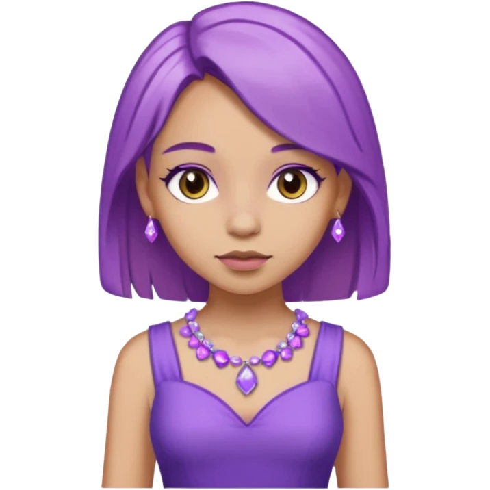 یک دختر با موی لایت بنفش قهوه‌ای با پیراهن بنفش با سنگ های یاسی که روی روی لباسش کار شده باشه میخوام emoji