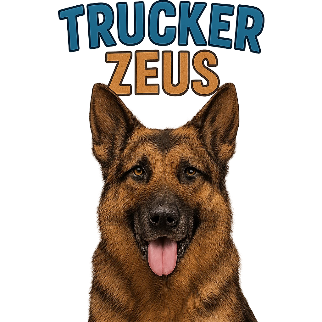 Make the German Shepherd dog more realistic with natural colors. Add color to the text 'Trucker Zeus' above the dog, keeping the text clearly visible. Maintain a transparent background with no background elements. emoji