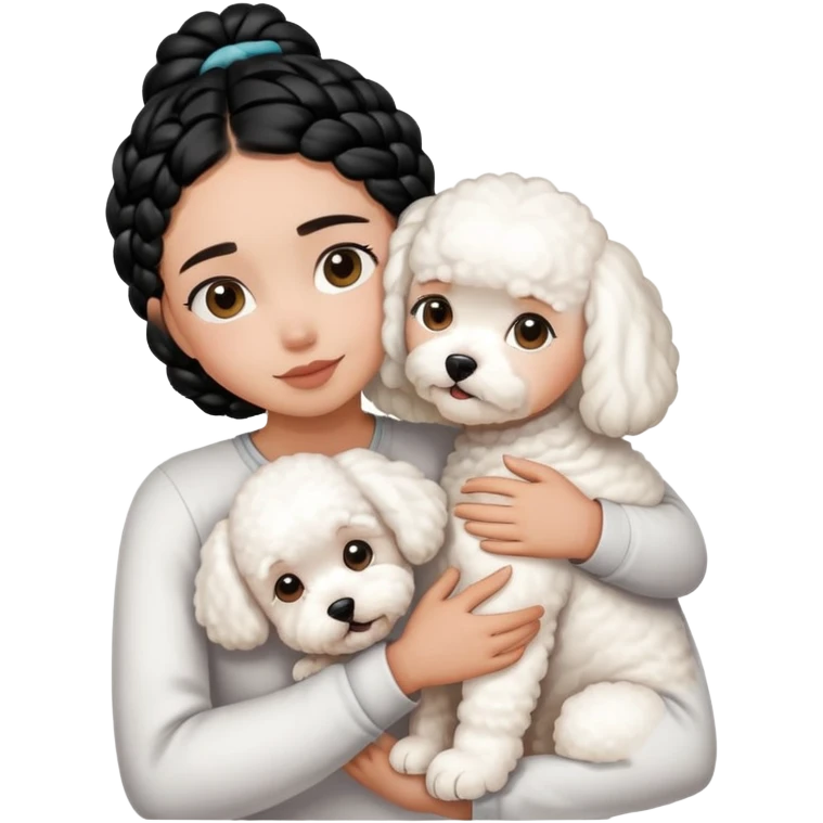 A girl with the black braids,hugging a Bichon frise emoji