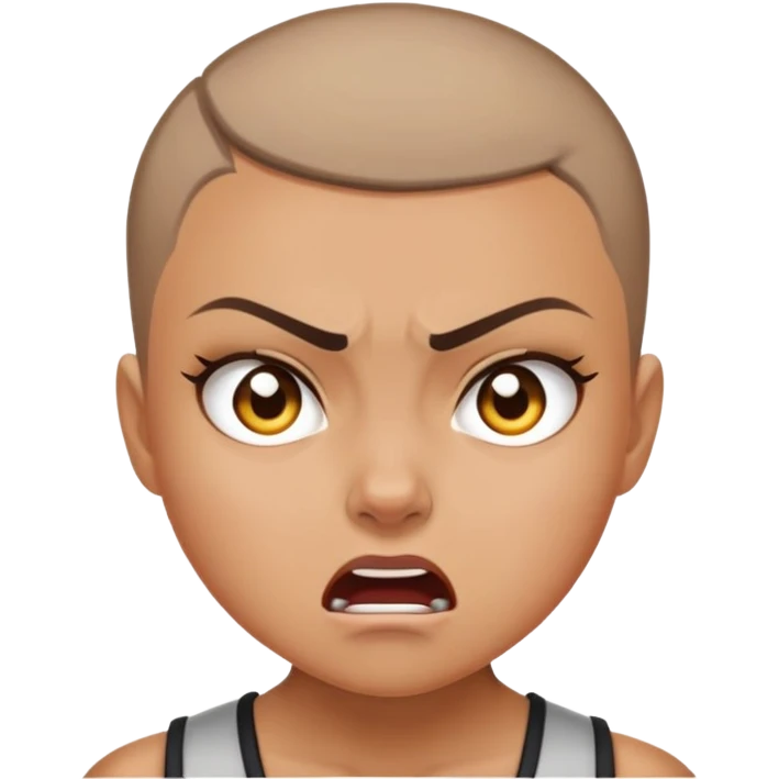 Girl showing anger, tan skin tone, buzzcut emoji