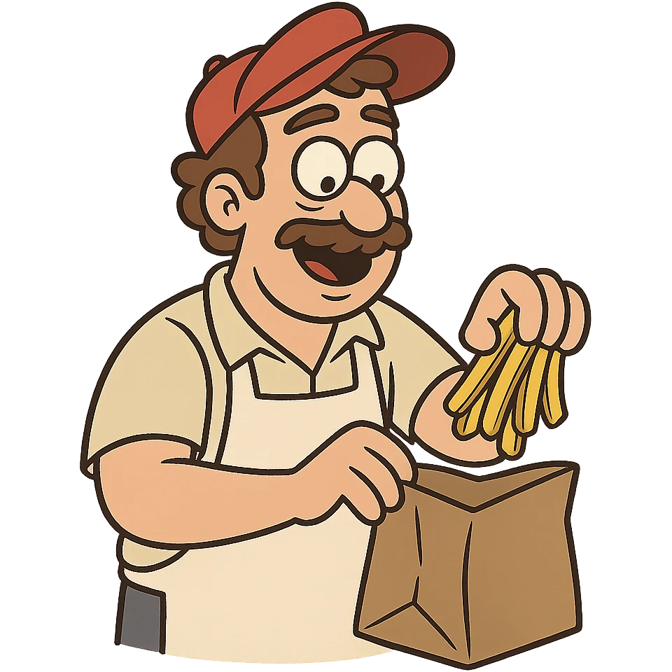 man putting fries in a brown paper bag, cartoon style emoji