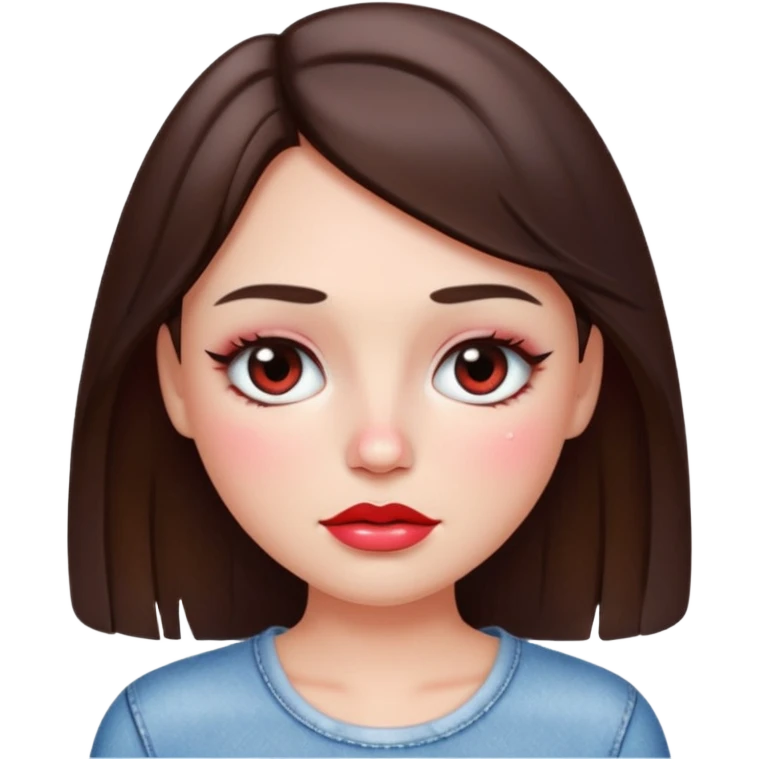 “Emoji brunette girl white top, dewy skin, heavy blush across cheeks and nose bridge, glossy cherry lips, soft eyeliner, teary sparkling eyes like hanni from new jeans emoji
